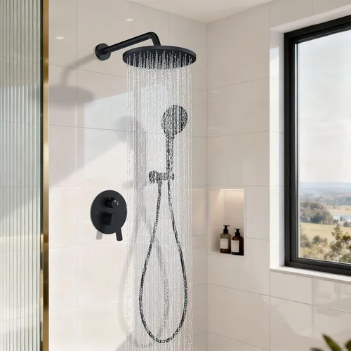 Miniatura 2 de Juego de llave de ducha de lluvia redonda negra mate de Iriber, llave de ducha con filtro y rociador de mano, llave de ducha moderna de baño con 9