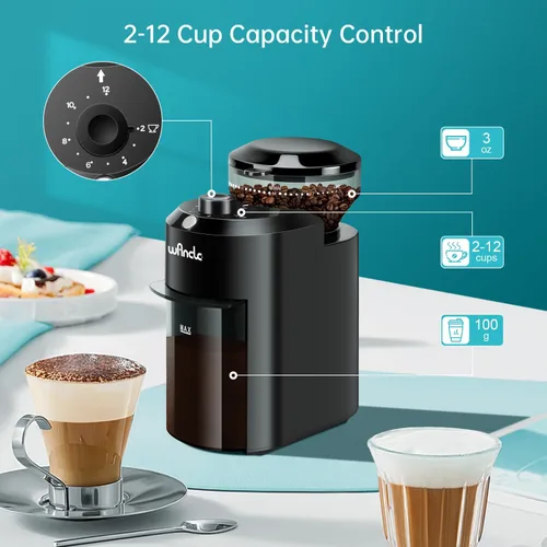 Miniatura 8 de Wancle - Molinillo de café eléctrico de muelas - Ajustable con 28 ajustes precisos para 12 tazas - Molinillo de granos de café profesional