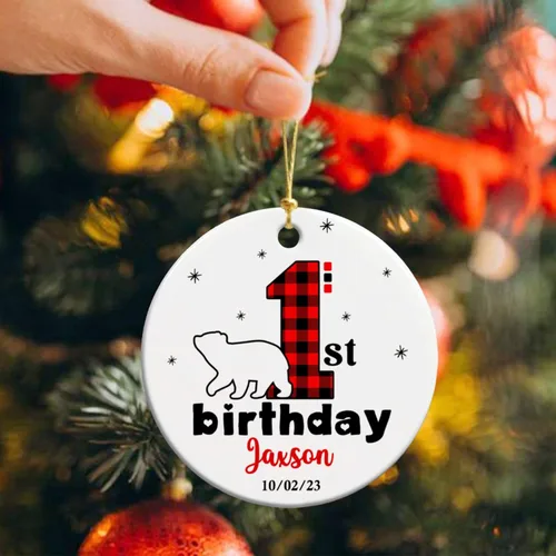 Miniatura 5 de Adorno personalizado de primer cumpleaños de oso bebé, adorno personalizado para la primera Navidad del bebé, adornos de cerámica de feliz