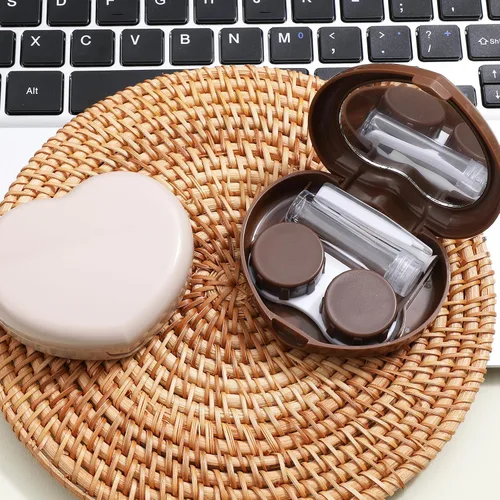 Miniatura 3 de 2 lentes de contacto marrones, estuche para lentes de contacto con corazón, caja portátil de lentes de contacto de tamaño de viaje con pinzas