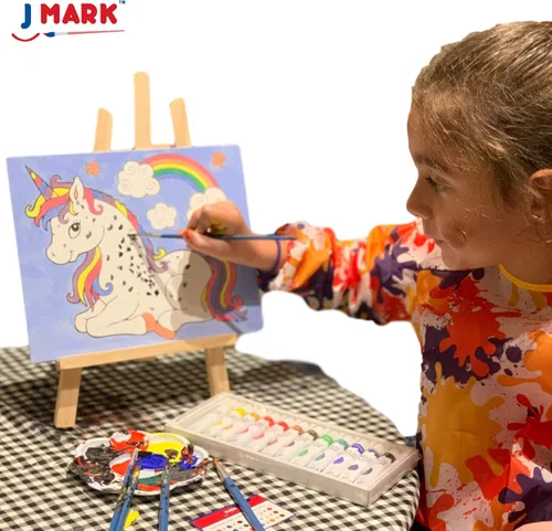 Miniatura 7 de J MARK Kit de pintura acrílica para niños, tema de castillo de unicornio, juego de 28 piezas con caballete, lienzos, pinceles y más, de 4 a 12 años