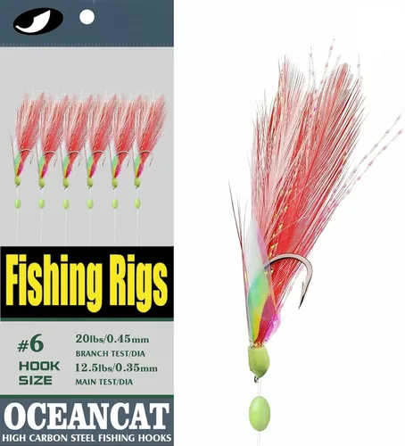 Miniatura 7 de Ocean CAT - Aparejos de pesca, 10 paquetes de 6 ganchos/juego de plumas blancas y rojas de piel de pez de agua salada, anzuelos de pesca de agua