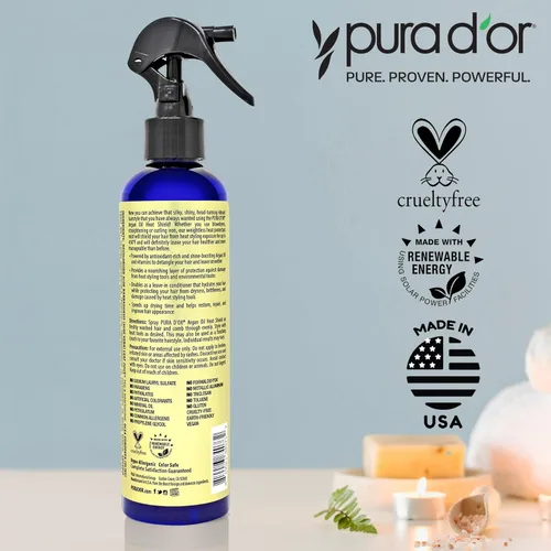 Miniatura 5 de PURA D'OR Spray protector térmico de aceite de argán de 8 onzas con ingredientes orgánicos seleccionados, protege hasta 450º F de planchado plano