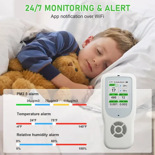 Miniatura 3 de Monitor de calidad del aire interior 9 en 1, probador portátil de calidad del aire para PM1.0, PM2.5, PM10, CO2, TVOC, HCHO, AQI, temperatura