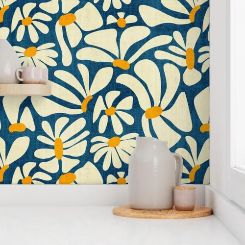 Miniatura 8 de Spoonflower Despegar y pegar papel tapiz Swatch - Retro Daisy Flower Power Blue Floral Vintage Groovy 70S 60S Papel pintado extraíble personalizado
