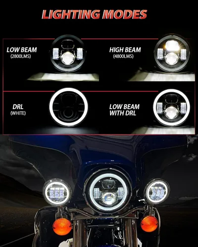 Miniatura 4 de XPCTD - Faro delantero LED de motocicleta de 7 pulgadas con lámparas de niebla de 4.5" compatibles con Harley Davidson Street Glide Road King Negro