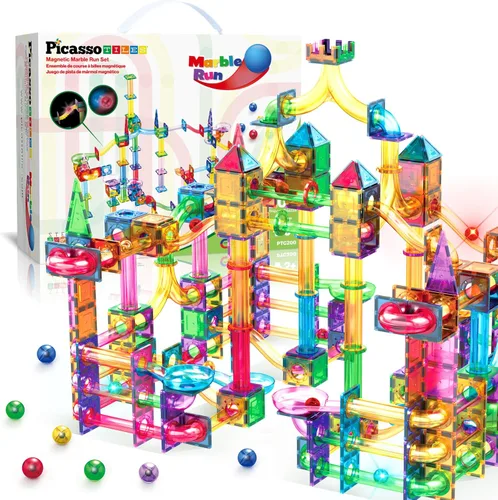 Miniatura 12 de PicassoTiles PTG108 - Juego de 108 piezas de carreras con azulejos magnéticos, autos y canicas, juguete de aprendizaje STEM 3 en 1, kit