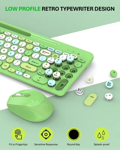 Miniatura 2 de Colorido combo de teclado y mouse inalámbricos, teclas redondas, teclado retro de máquina de escribir de 2.4 GHz con teclado numérico, lindo teclado