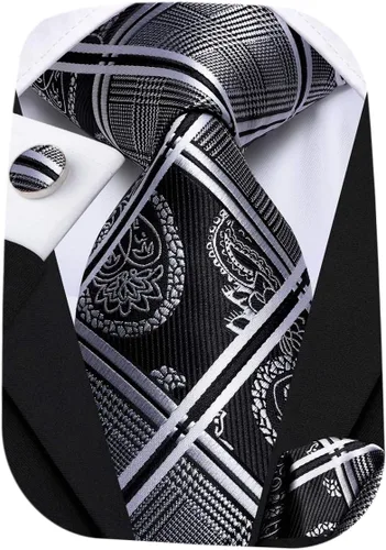 Miniatura 325 de Hi-Tie Corbata clásica de cachemira para hombre con pañuelo y gemelos a cuadros