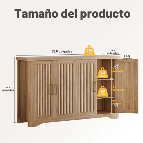 Miniatura 2 de Memobarco Aparador Acanalado con Almacenamiento, Credenza Moderna con 4 Puertas y Estantes Ajustables, Consola de Mesa de Bar de Café de Madera