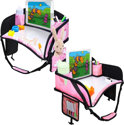 2 piezas Bandeja de viaje para niños, bandeja para asiento de coche para niños Viaje, Esenciales de viaje en carretera para niños con kit de dibujo,
