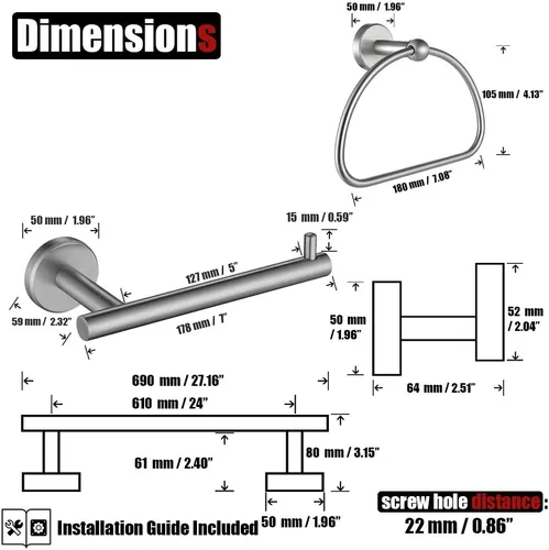 Miniatura 2 de JQK BAS165-BN - Juego de accesorios de baño de 5 piezas, acabado cepillado, incluye barra de toalla de 24 pulgadas, anillo de toalla de 7 pulgadas