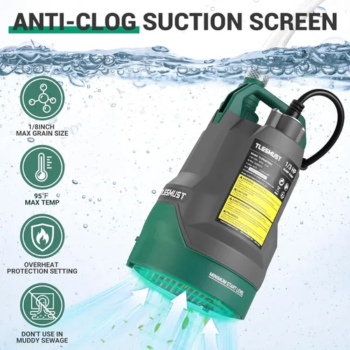 Miniatura 3 de Bomba de agua sumergible eléctrica: Tlgsmust Bomba utilitaria de 1/3 HP, bomba de agua portátil eléctrica termoplástica de 2450 GPH para eliminación