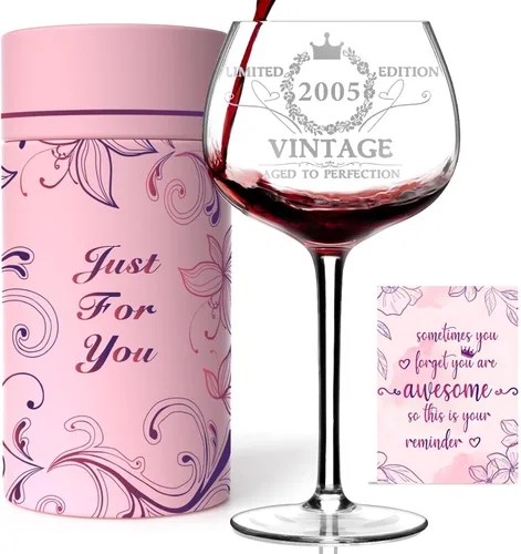 Regalos de cumpleaños 21 para ella, copa de vino grabada vintage 2005, decoraciones de cumpleaños de 21 años para mujeres, divertidas ideas de