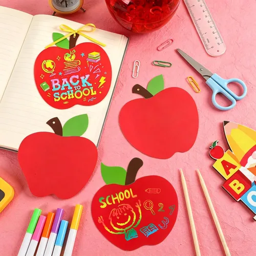 Miniatura 3 de JULMELON Paquete de 36 tarjetas para rascar con diseño de manzanas para el regreso a clases, tarjetas para rascar arcoíris con cintas de lápiz