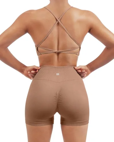 SUUKSESS Conjuntos de entrenamiento sin costuras para mujer, sujetador deportivo con tiras y cintura alta, pantalones cortos