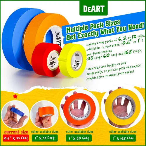 Miniatura 3 de DEART Cinta adhesiva de colores para pintores, 12 o 8 unidades, 1 pulgada o 0.6 pulgadas, suministros de arte para niños, codificación, pizarra