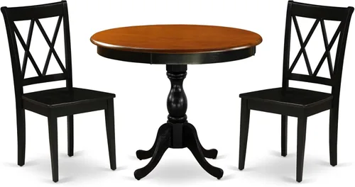 East West Furniture AMCL3-BCH-W - Juego de mesa de comedor de 3 piezas contiene una mesa de cocina redonda con pedestal y 2 sillas de comedor, 36 x