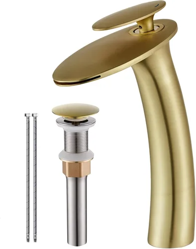 Grifo de lavabo de baño de cascada de oro cepillado con montaje de drenaje desplegable, grifo de tocador de latón de un solo agujero, grifo