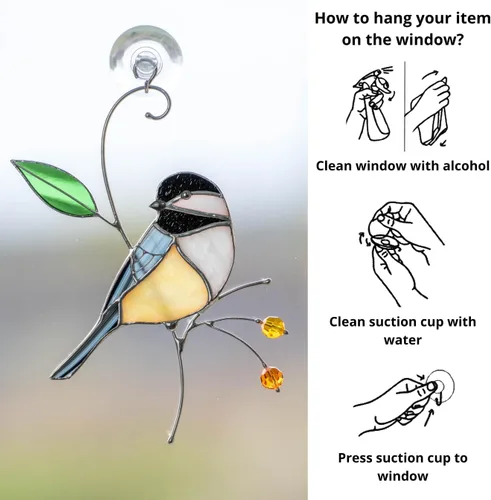 Miniatura 6 de Atrapasoles de Vidrio Emplomado Hechos a Mano de Carbonero Gift Birds, Vidrio Emplomado Genuino para Ventana Colgante, Ornamento Único