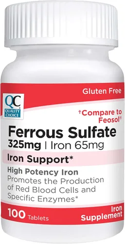 Quality Choice Hierro 65 mg (325 mg de sulfato ferroso) Tabletas de suplemento de hierro de alta potencia en botellas de 100 unidades