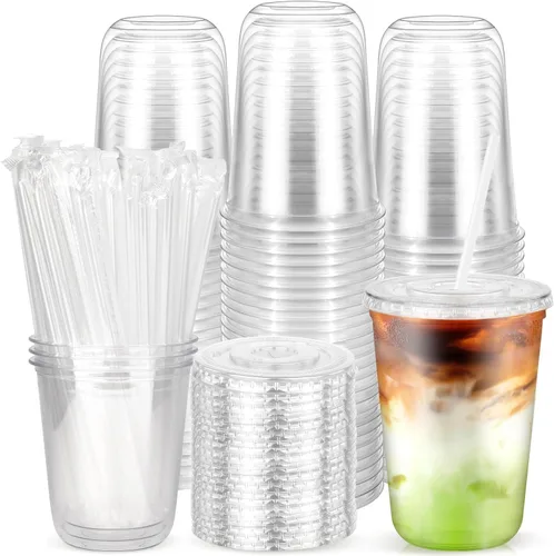 Miniatura 8 de 100 piezas de 12 onzas. Vasos desechables de plástico con tapas planas y popotes transparentes, vasos de fondo redondo para llevar café helado