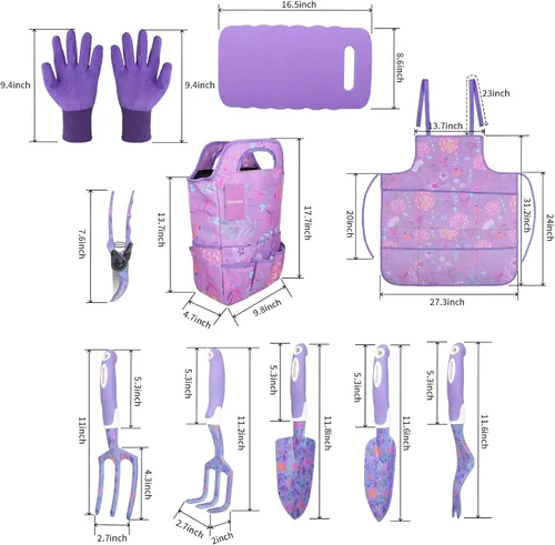 Miniatura 2 de Juego de herramientas de jardín morado de 10 piezas, herramientas de mano de aleación de aluminio y acero con mango ergonómico antideslizante, bolsa