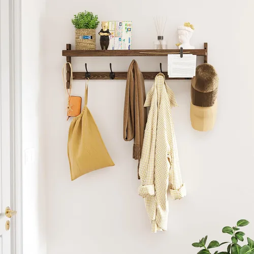 Miniatura 3 de AMBIRD Ganchos de pared con estante de 73.4 cm Entrada de pared con estante, ganchos para abrigos de madera, perchero de pared con estante