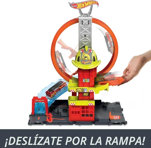 Miniatura 6 de Hot Wheels City con 1 coche de juguete, ascensor impulsado por niños, rampa tipo agua, características de pista de juego, se conecta a otros