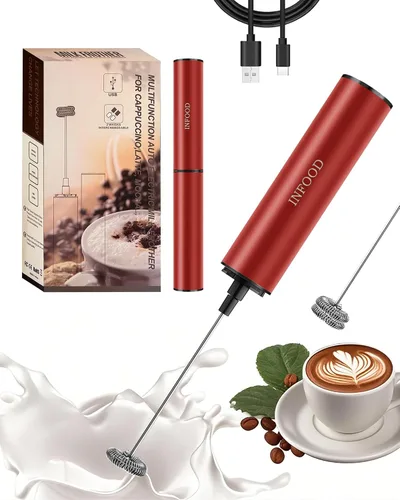 Miniatura 9 de INFOOD Espumador de leche recargable con tapa, varita espumadora de café, mezclador de bebidas de mano con 2 batidores desmontables de acero