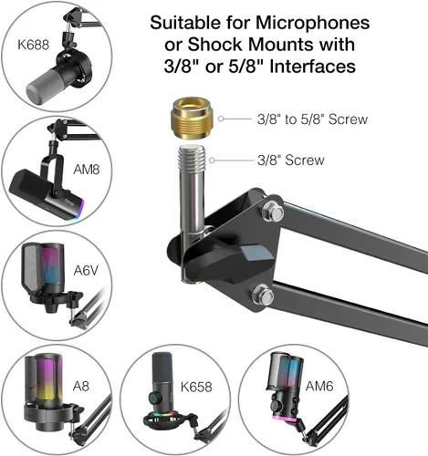 Miniatura 3 de Soporte de brazo para micrófono FIFINE; soporte de brazo de tijera con suspensión, con abrazadera de gran resistencia, adaptador de 3/8 a 5/8