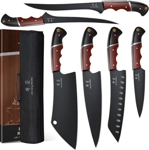 Juego de cuchillos de cocina DRGSKL con bolsa - 6 piezas Juego de cuchillos de chef - Cuchillo de cortar, deshuesador, fileteador, santoku, cuchillo