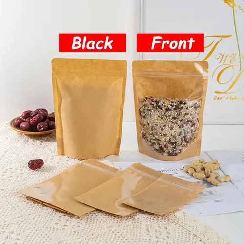 Miniatura 2 de 100 PCS Bolsas Verticales, Bolsas de Papel Kraft de 7 x 10 pulgadas para Alimentos con Ventana Transparente, Bolsas Reutilizables con Cremallera