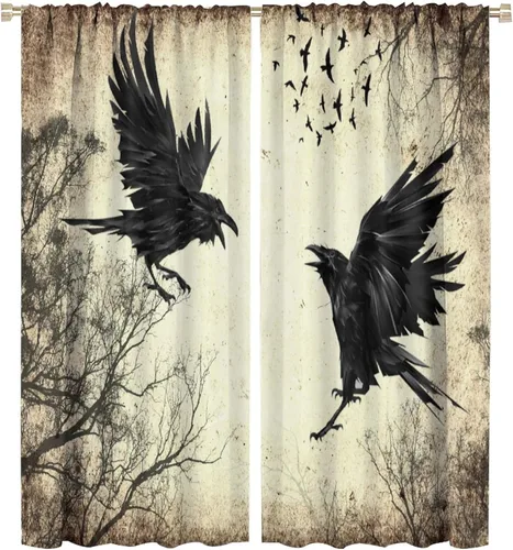 Cortinas góticas de bosque de cuervos, para Halloween, espeluznante, negro, cuervo negro, alas oscuras, suspenso, con bolsillo para barra, cortinas
