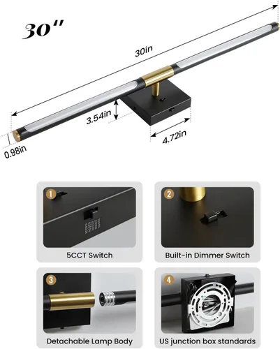 Miniatura 5 de Lámparas de tocador de baño negras y doradas para baño sobre espejo de 30 pulgadas, apliques LED de baño IP44 5CCT ajustables, luces modernas