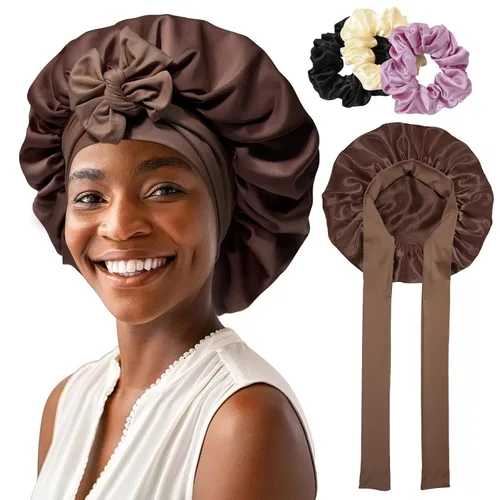 Miniatura 21 de Gorro de satén para mujer, con banda de amarre para el cabello, para dormir, grande de 2 capas, gorro de dormir de seda para dormir con 3 coleteros