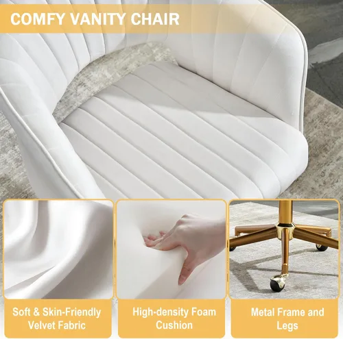 Miniatura 5 de Silla de tocador con ruedas, silla de tocador de terciopelo cruzada con respaldo, silla de escritorio moderna para oficina en casa, silla giratoria