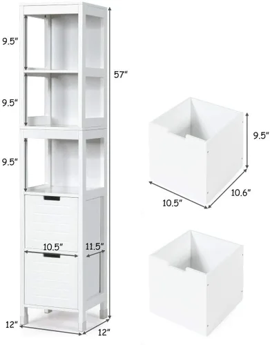 Miniatura 3 de GLACER Armario alto de baño, armario de almacenamiento de piso de madera con tres estantes abiertos y dos cajones, equipado con accesorios