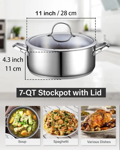 Miniatura 2 de Cooks Standard Cacerola de horno holandés con tapa de vidrio, olla clásica de acero inoxidable de 7 cuartos de galón, color plateado