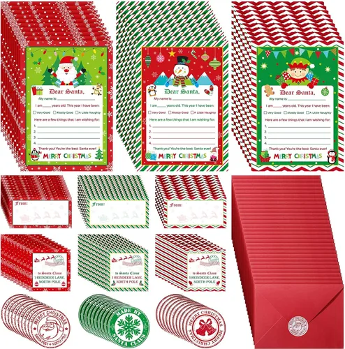Harloon Kit de Escritura de 150 Piezas Carta a Santa Lista de Deseos de Navidad Muñeco de Nieve Elfo Papel de Carta Navideño Papelería con