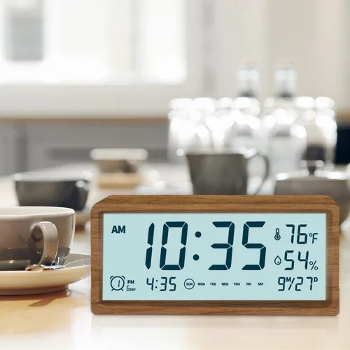 Miniatura 8 de Reloj despertador digital de madera con altavoz Bluetooth, fecha de temperatura, relojes digitales eléctricos inteligentes, relojes de noche con luz