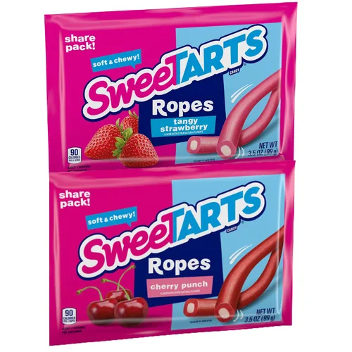 Miniatura 6 de Sweetzo Sweet Tarts Cuerdas suaves y masticables, caramelos con sabor a cereza y fresa picante, surtido de caramelos de gomitas, paquete de 2, 3.5