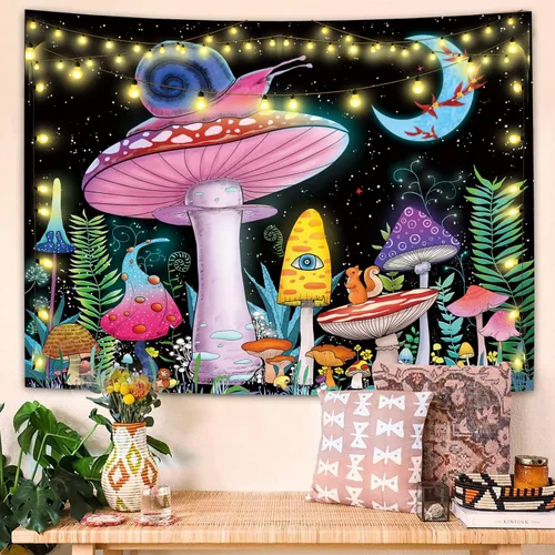 Miniatura 4 de ZYLLGLOW Tapiz de hongos trippy, tapiz de luna y estrellas, tapiz rosa de caracol, tapiz de plantas y hojas de fantasía, tapices de ojos trippy