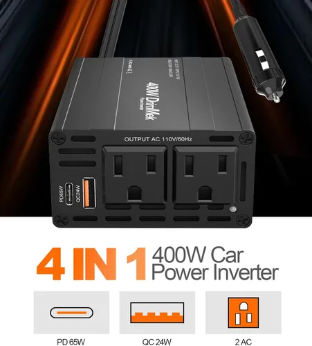 Miniatura 2 de 400 W Inversor de corriente para automóvil - Adaptador de enchufe de toma doble CC 12 V a 110 V CA, puerto USB C de carga rápida 65 W y 24 W
