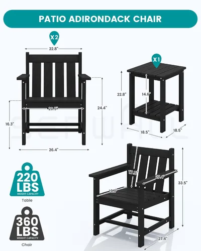 Miniatura 2 de SERWALL - Juego de muebles de patio bistró de 3 piezas, juego de sillas Adirondack para todo clima con mesa auxiliar, juego de muebles de patio al