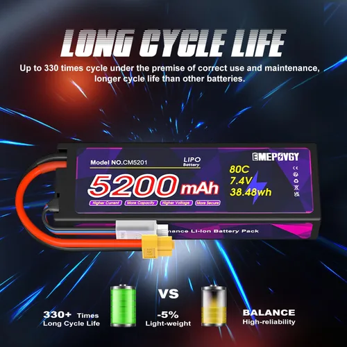 Miniatura 4 de Batería Lipo de 7.4V 2S 5200mAh 80C Lipos Estuche rígido con conector XT60 para coches RC camiones 1/8 1/10 vehículos RC (2 paquetes)