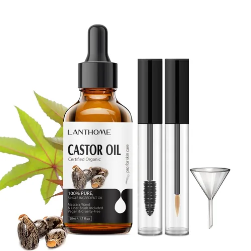 Lanthome Aceite de ricino orgánico prensado en frío (1.7 onzas con kit de pestañas), aceite de ricino negro para pestañas, cejas y crema hidratante