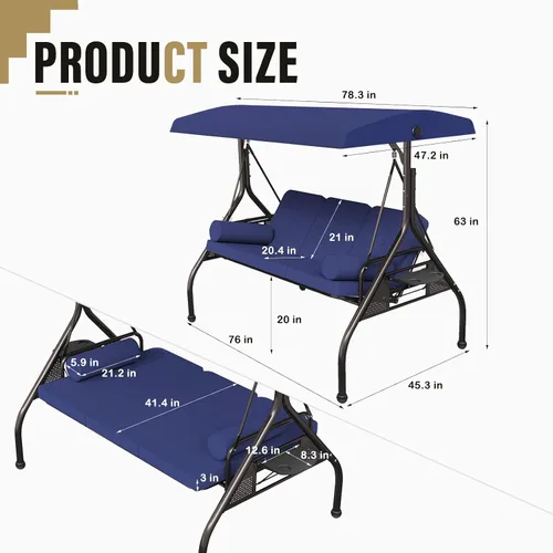 Miniatura 2 de Betterland Silla de columpio de 3 asientos para patio, columpio de porche al aire libre con cojines, almohadas y portavasos, columpio exterior Azul