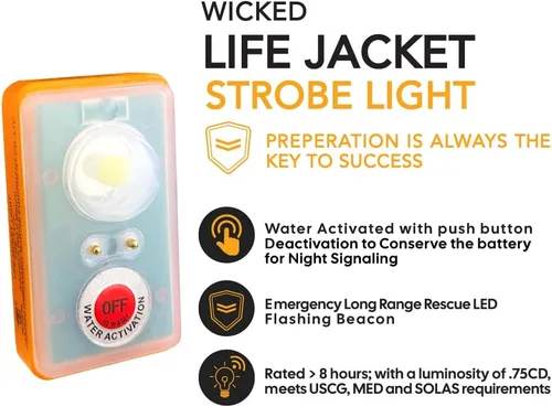 Miniatura 3 de WICKED Luz estroboscópica LED de chaleco salvavidas para supervivencia de emergencia al aire libre; haz de alta intensidad activado por agua