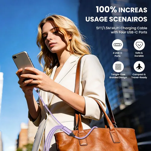 Miniatura 7 de Cable de carga múltiple 4 en 2, cable USB C a USB C con 4 X tipo C, cable de carga de teléfono de viaje para iPhone 17/16/15, Galaxy, Android